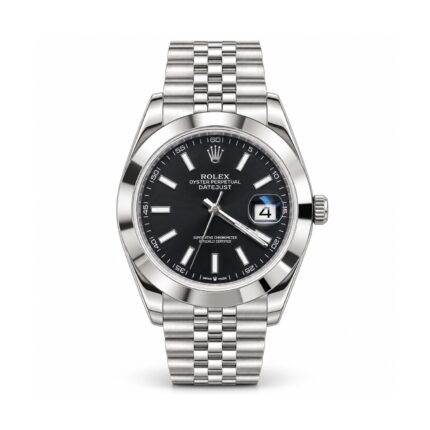 Rolex — Black Dial, Smooth Bezel & Silver-Tone Jubilee-Style Bracelet — front view on white background