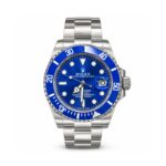 Rolex — Blue Dial, Blue Diver-Style Bezel & Silver-Tone Oyster-Style Bracelet — front view on white background