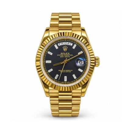 Rolex — Dark Dial, Stone-Style Baton Markers & Gold-Tone Day-Date Design — front view on white background