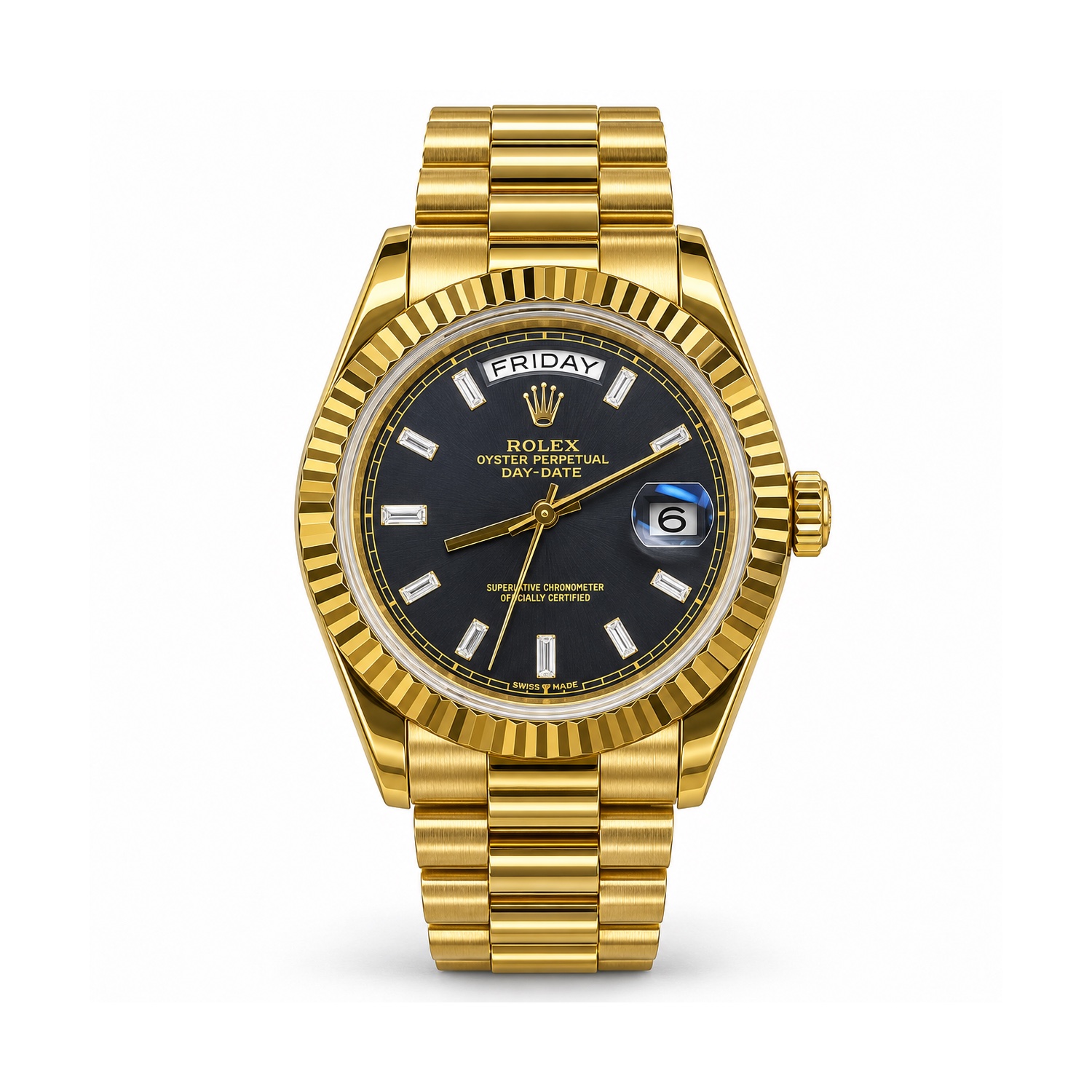 tp-b3-studio-20261023-02-rolex-dark-stone-baton-day-date-gold Rolex — Dark Dial, Stone-Style Baton Markers & Gold-Tone Day-Date Design — front view on white background