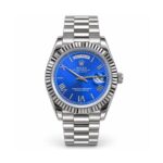 Rolex — Blue Roman Dial & Silver-Tone Day-Date Design — front view on white background
