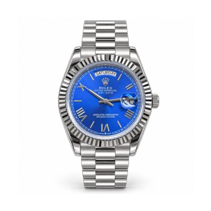 Rolex — Blue Roman Dial & Silver-Tone Day-Date Design — front view on white background