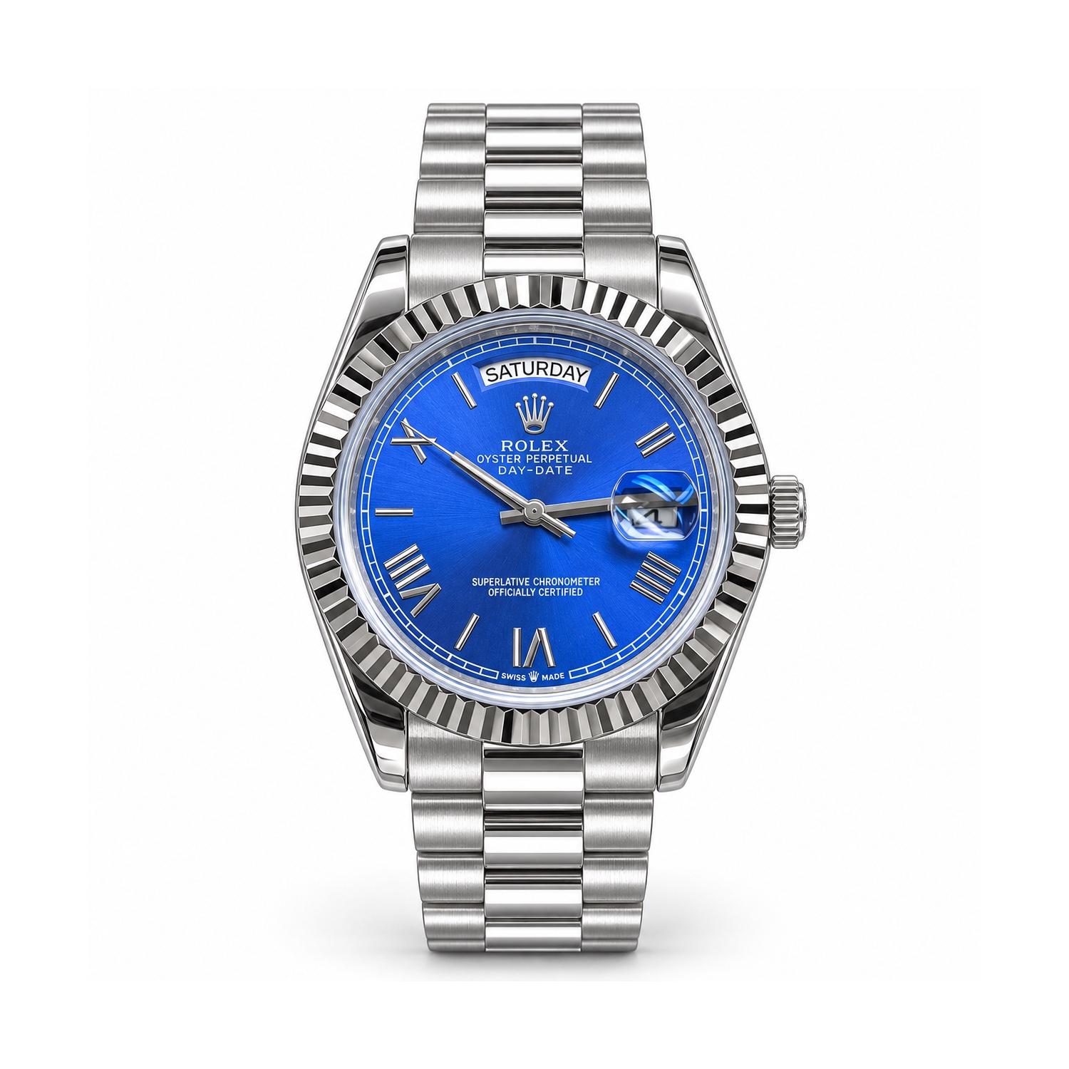 tp-b3-studio-20261023-03-rolex-blue-roman-day-date-silver Rolex — Blue Roman Dial & Silver-Tone Day-Date Design — front view on white background