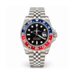 Rolex — Black Dial, Blue-Red Bezel & Jubilee-Style Bracelet — front view on white background