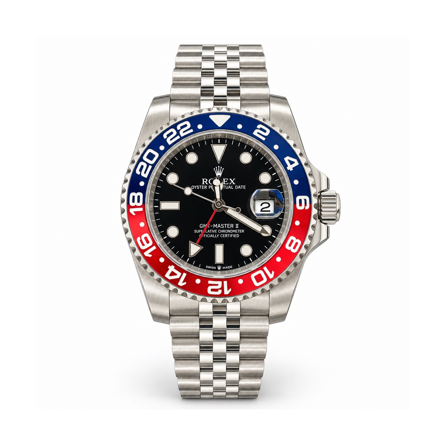 Rolex — Black Dial, Blue-Red Bezel & Jubilee-Style Bracelet Rolex — Black Dial, Blue-Red Bezel & Jubilee-Style Bracelet — front view on white background
