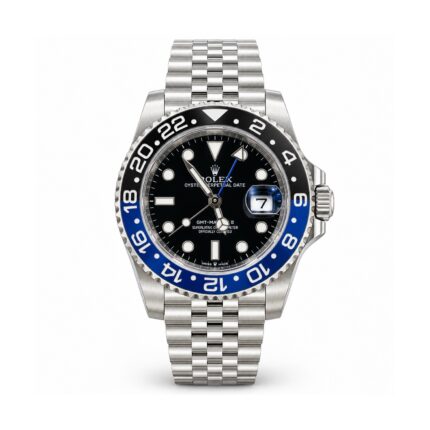 Rolex — Black Dial, Blue-Black Bezel & Jubilee-Style Bracelet — front view on white background