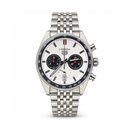 TAG Heuer — White Dial, Black Subdials & Multi-Link Bracelet — front view on white background