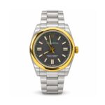Rolex — Grey Dial, Smooth Gold-Tone Bezel & Silver-Tone Bracelet — front view on white background