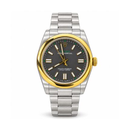 Rolex — Grey Dial, Smooth Gold-Tone Bezel & Silver-Tone Bracelet — front view on white background