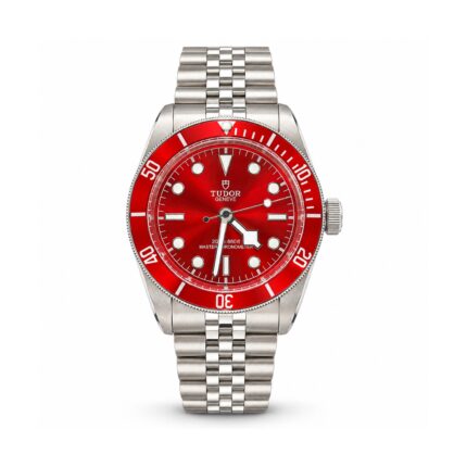 Tudor — Red Dial, Red Bezel & Jubilee-Style Bracelet — front view on white background