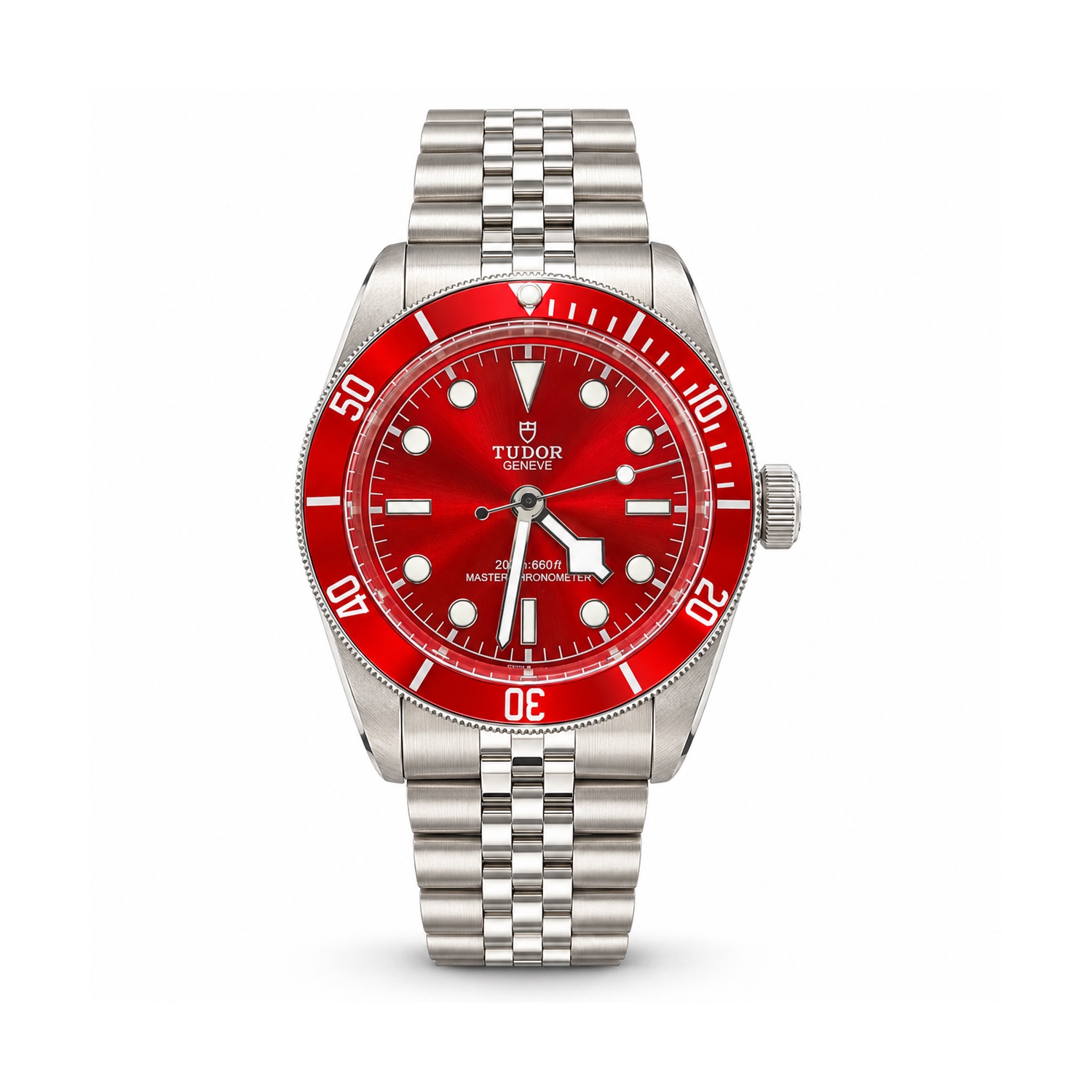 Tudor — Red Dial, Red Bezel & Jubilee-Style Bracelet Tudor — Red Dial, Red Bezel & Jubilee-Style Bracelet — front view on white background