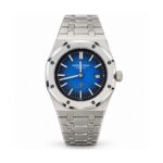 Audemars Piguet — Blue Gradient Textured Dial & Integrated Bracelet — front view on white background