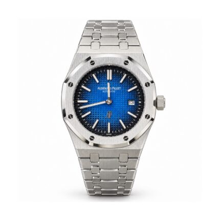 Audemars Piguet — Blue Gradient Textured Dial & Integrated Bracelet — front view on white background