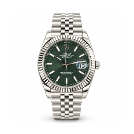 Rolex — Green Dial, Fluted Bezel & Jubilee-Style Bracelet — front view on white background