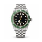 Tudor — Black Dial, Green Bezel & Jubilee-Style Bracelet — front view on white background