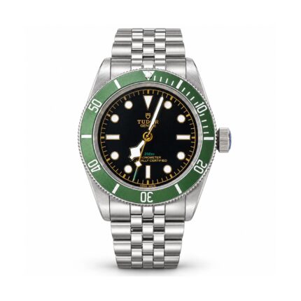 Tudor — Black Dial, Green Bezel & Jubilee-Style Bracelet — front view on white background