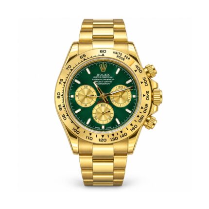 Rolex — Green Dial, Gold-Tone Subdials & Bracelet — front view on white background