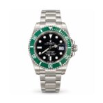 Rolex — Black Dial, Green Diver-Style Bezel & Silver-Tone Bracelet — front view on white background