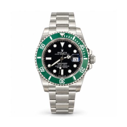Rolex — Black Dial, Green Diver-Style Bezel & Silver-Tone Bracelet — front view on white background