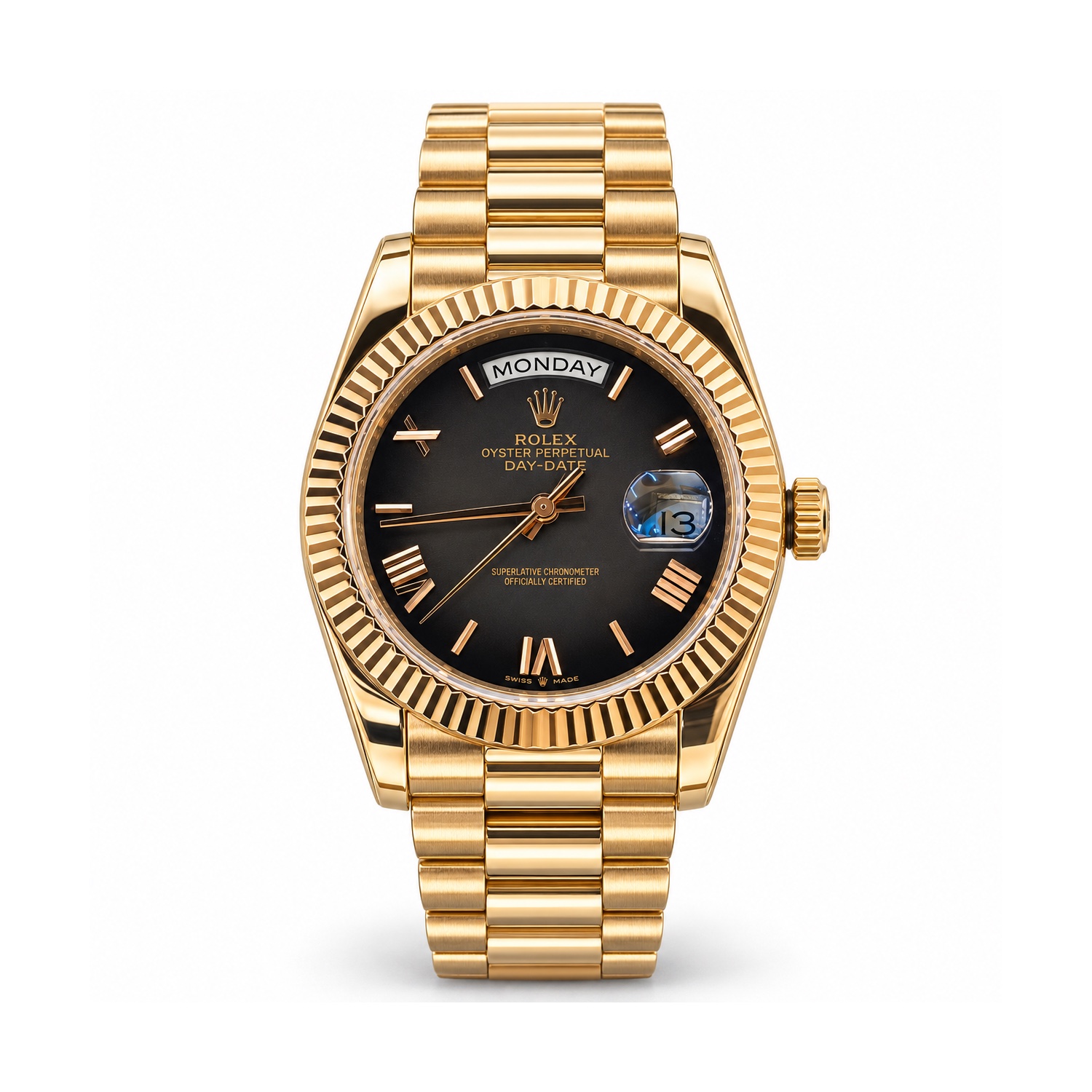 Rolex — Grey Roman Dial & Rose-Gold-Tone Day-Date Design Rolex — Grey Roman Dial & Rose-Gold-Tone Day-Date Design — front view on white background