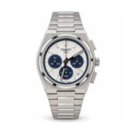 Tissot PRX — Silver Dial, Blue Subdials & Integrated Bracelet — front view on white background