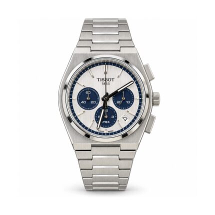 Tissot PRX — Silver Dial, Blue Subdials & Integrated Bracelet — front view on white background