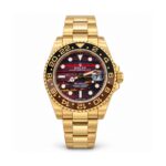 Rolex — Red-Black Patterned Dial & Gold-Tone GMT-Style Design — front view on white background