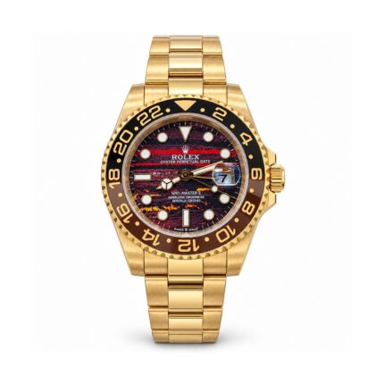 Rolex — Red-Black Patterned Dial & Gold-Tone GMT-Style Design — front view on white background