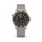 Omega — Charcoal Dial, Dark Bezel & Silver-Tone Mesh Bracelet — front view on white background