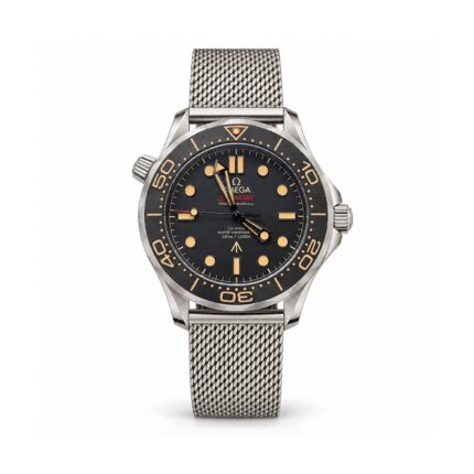 Omega — Charcoal Dial, Dark Bezel & Silver-Tone Mesh Bracelet — front view on white background