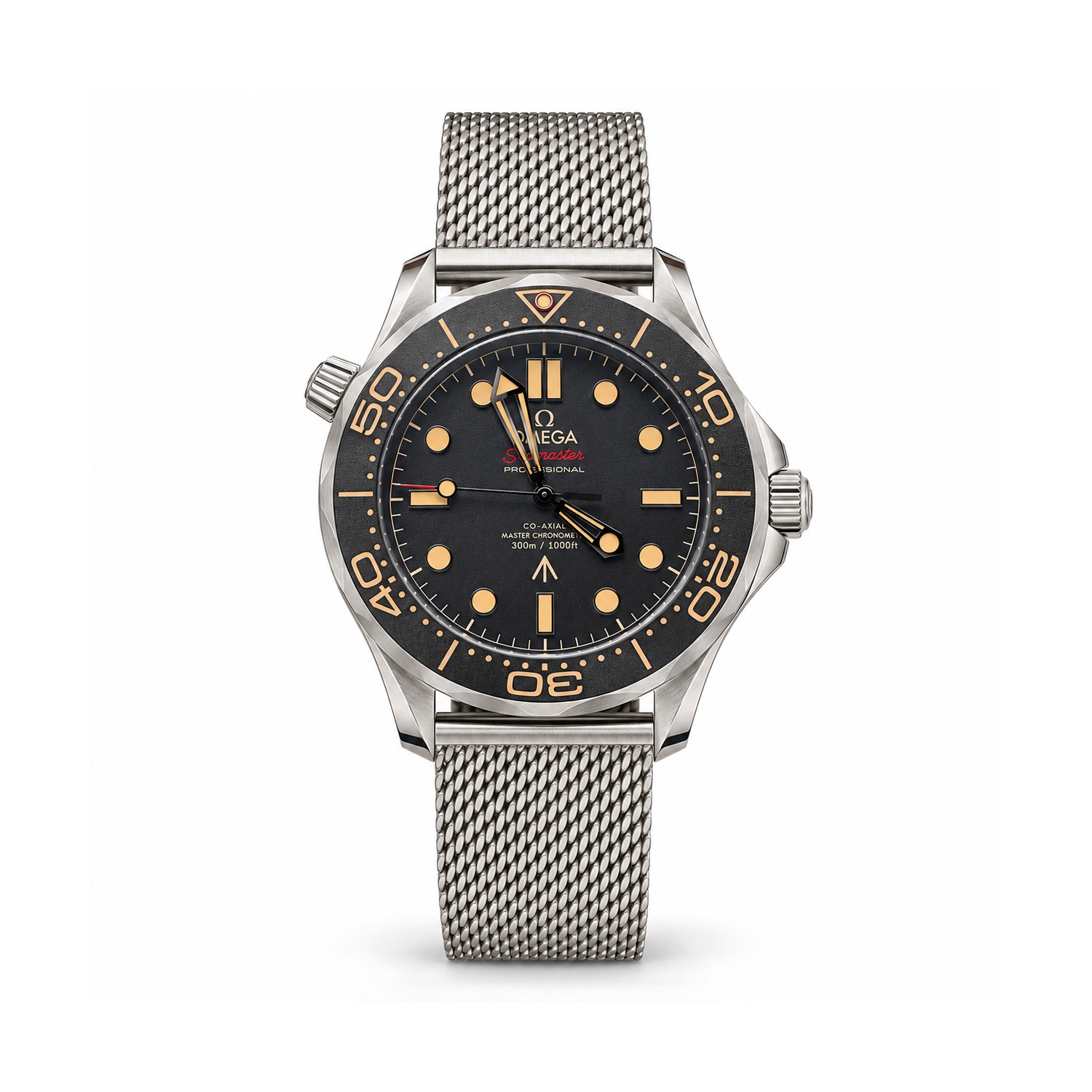 Omega — Charcoal Dial, Dark Bezel & Silver-Tone Mesh Bracelet Omega — Charcoal Dial, Dark Bezel & Silver-Tone Mesh Bracelet — front view on white background