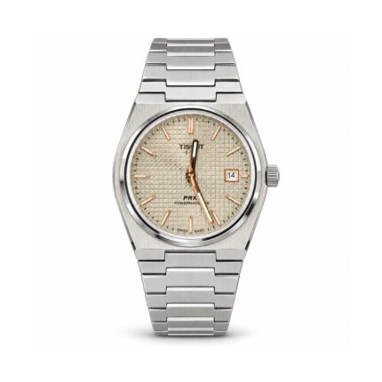 Tissot PRX — Champagne Textured Dial & Silver-Tone Integrated Bracelet — front view on white background