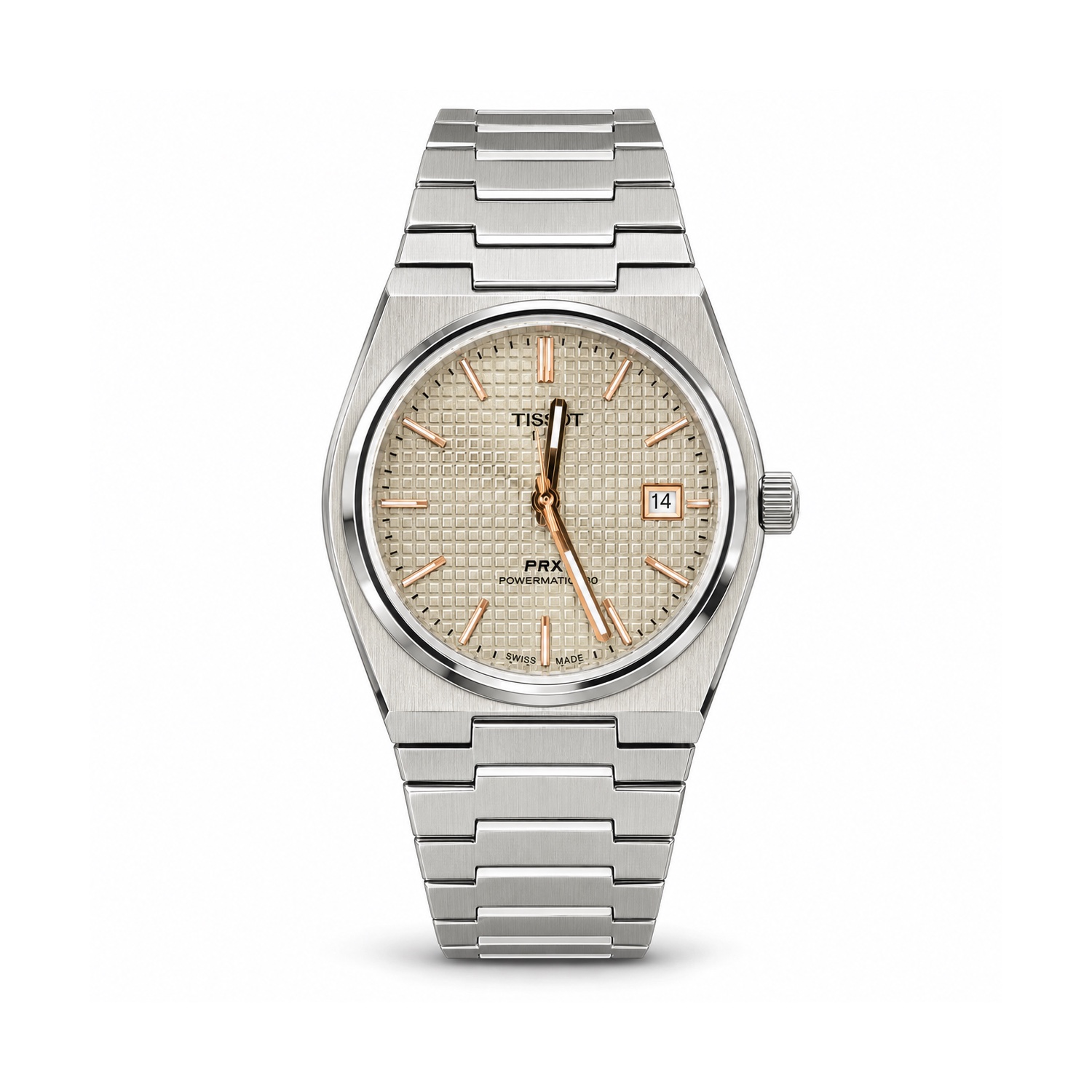 Tissot PRX — Champagne Textured Dial & Silver-Tone Integrated Bracelet Tissot PRX — Champagne Textured Dial & Silver-Tone Integrated Bracelet — front view on white background